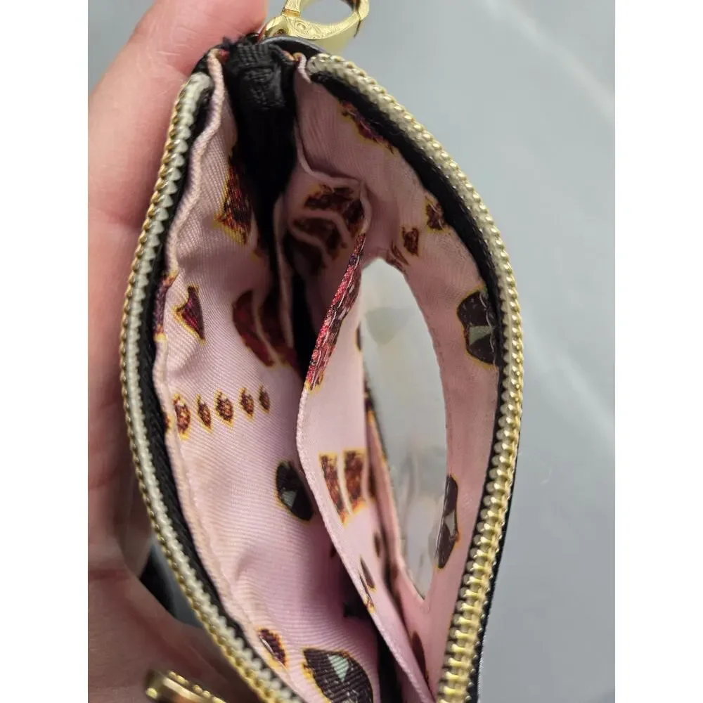 Betsey Johnson Wristlet Wallet Black and Gold Polka Dot Metallic‎ ID Window